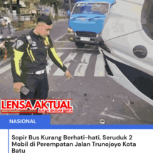 Sopir Bus Kurang Berhati-hati, Seruduk 2 Mobil di Perempatan Jalan Trunojoyo Kota Batu