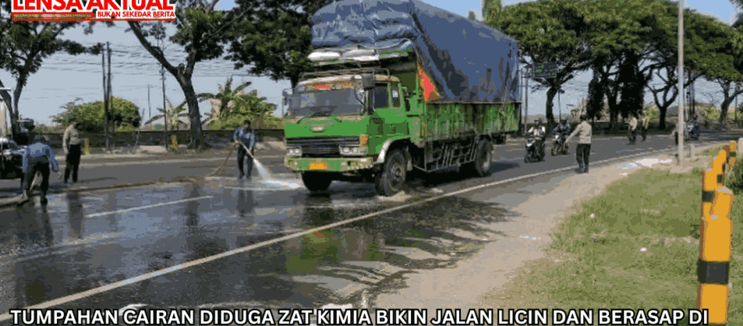 Tumpahan Cairan Diduga Zat Kimia Bikin Jalan Licin dan Berasap di JLU Barat Lamongan